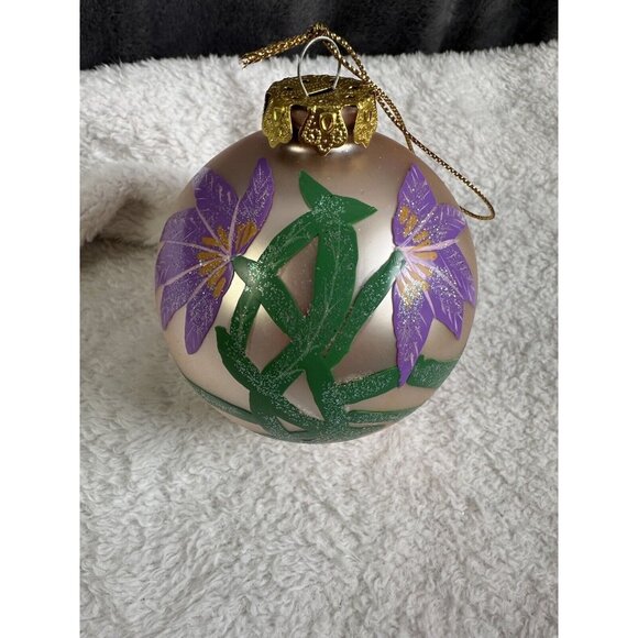 Hand painted Floral Glass Christmas Ornament Purple Gold Vtg Large Artist - Picture 1 of 8